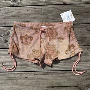Dereon Women’s XL NWT Y2K Pink Tan Velour Fleur De Lis Lounge Shorts